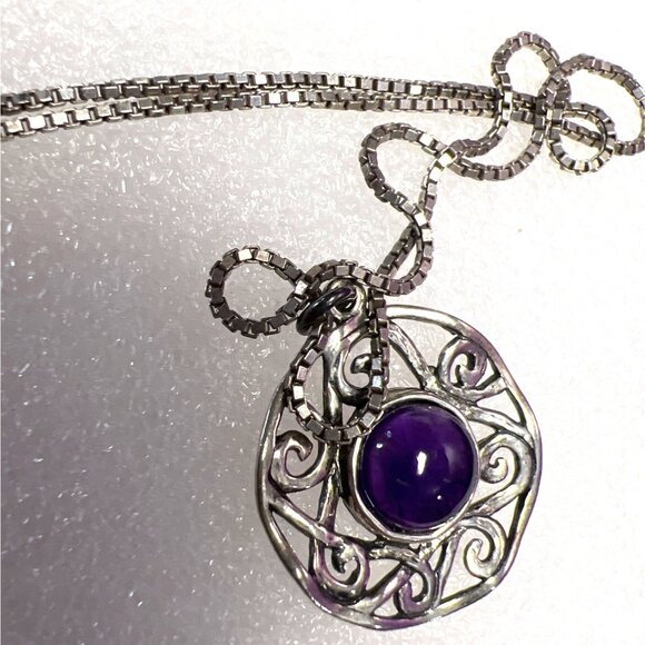 Didac Israel Silver Filigree Pendant Amethyst Cabochon 18” Italian Box Chain Vtg - Picture 2 of 14